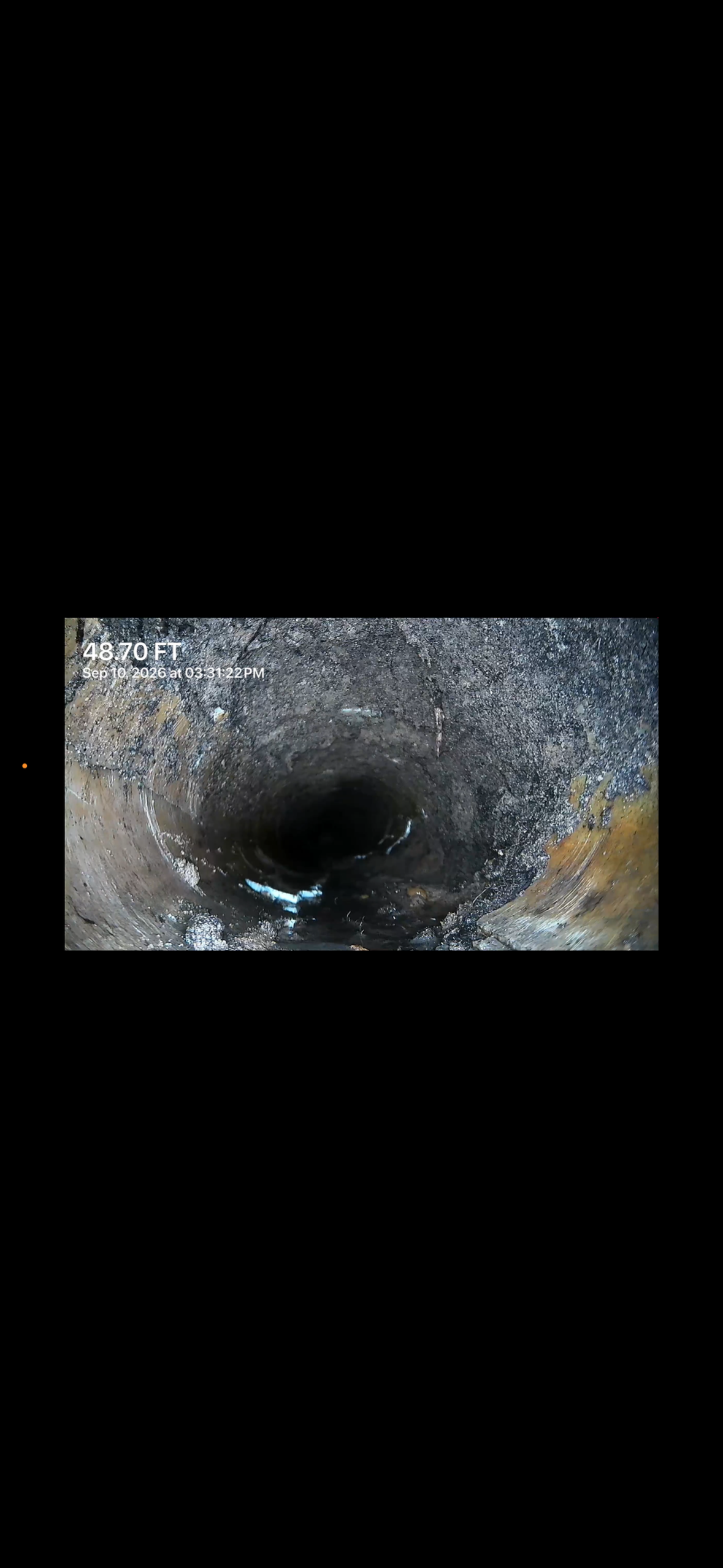 Sewer camera view inside a drain line at 48.70 feet