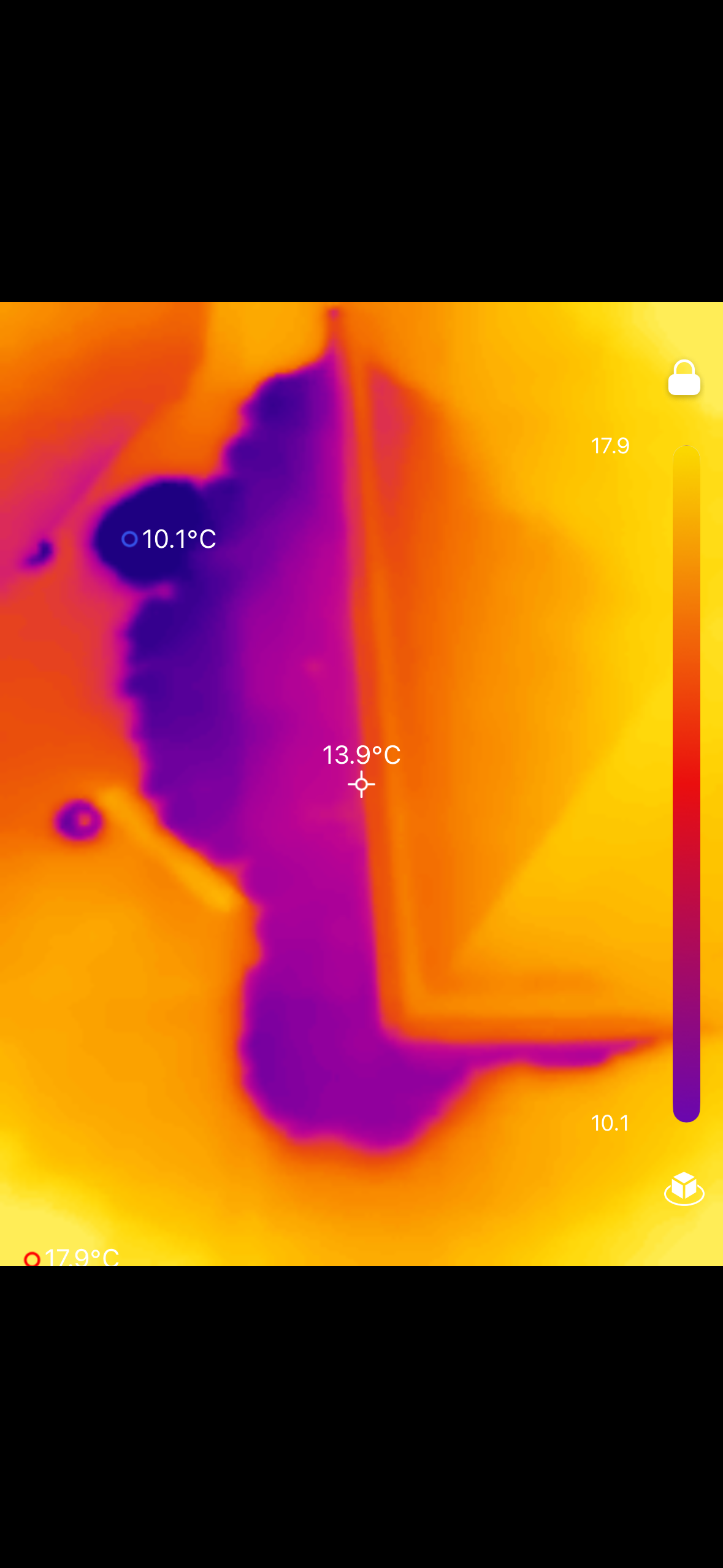Thermal camera image showing a temperature difference associated with a hidden leak